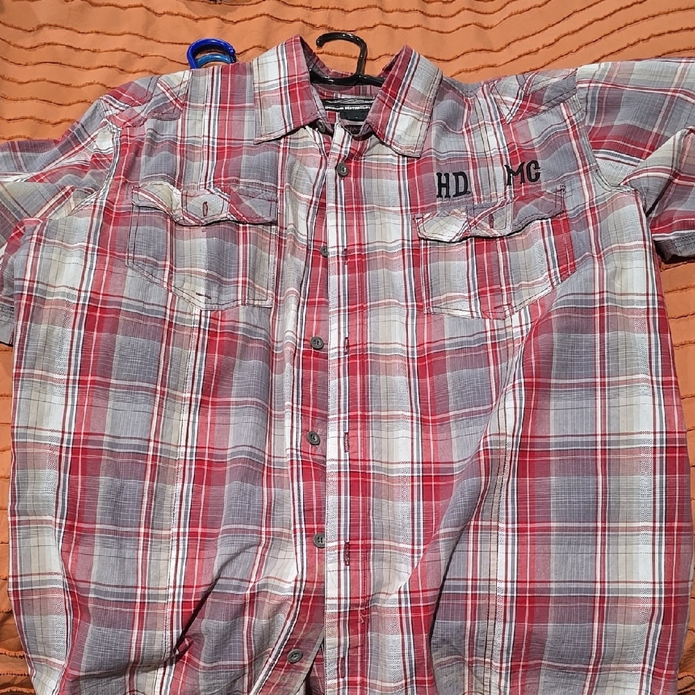Harley Davidson Red and Gray Plaid Casual Button Down Shirt
